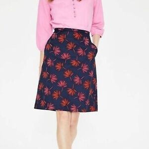 Boden Palm Leaf Print A-Line Skirt 10P Knee Length Navy Pink Coral Casual Summer